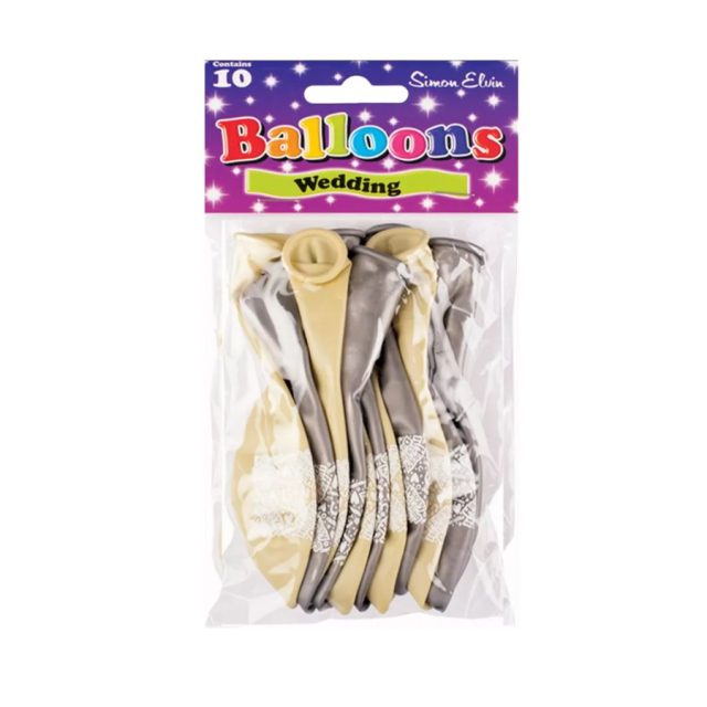 Pack of 10 Simon Elvin wedding latex balloons in gold and silver colours with decorative prints