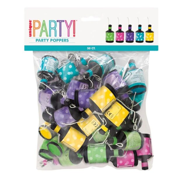 Pack of 50 Unique Party Poppers in various colours with polka dots