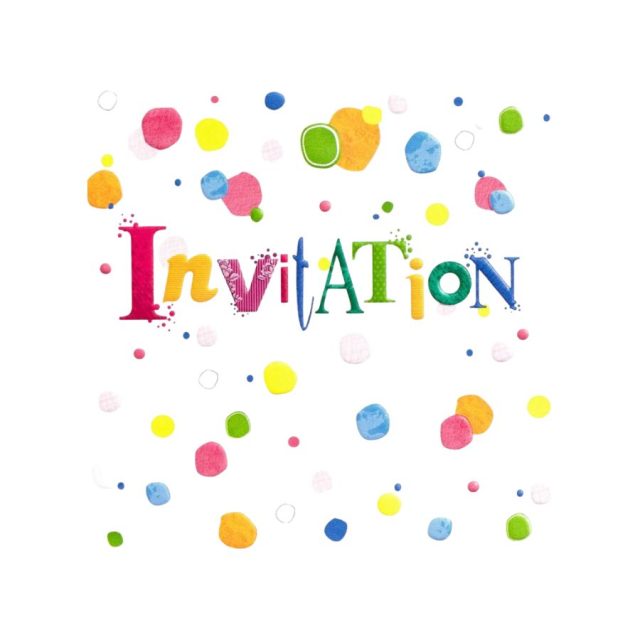 Colourful Simon Elvin invitation card with multicoloured letters and dots