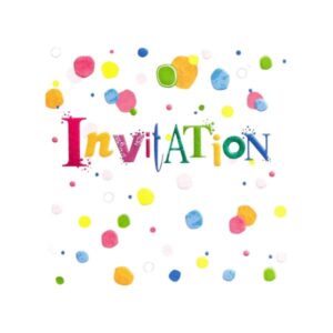 Colourful Simon Elvin invitation card with multicoloured letters and dots