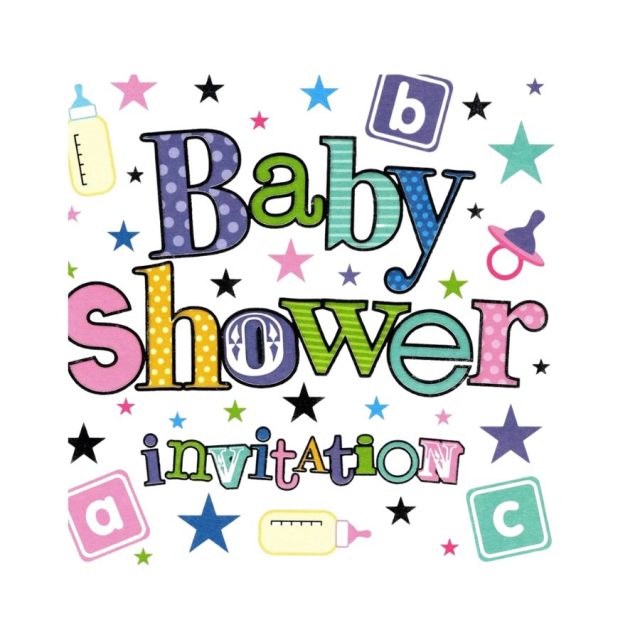 Colourful Simon Elvin baby shower invitation card with baby-themed graphics