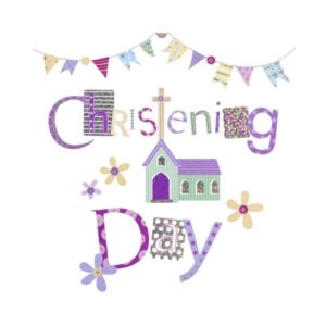 Colourful Simon Elvin Christening Day invitation card with church and bunting design