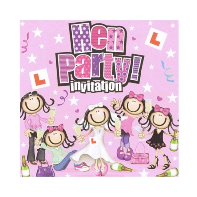 Colourful Simon Elvin hen party invitation card with cartoon women holding champagne on pink background