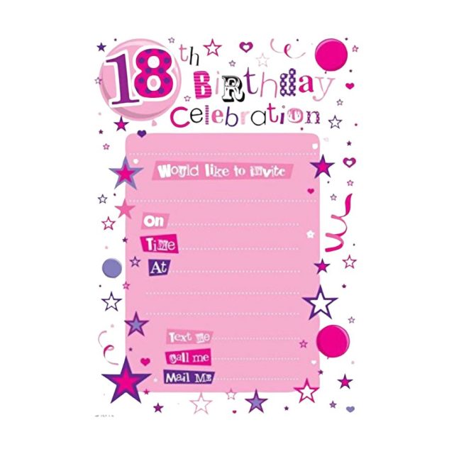 SIMON ELVIN FEMALE 18TH BIRTHDAY INVITATION- (PACK OF 20) Pink Simon Elvin 18th birthday party invitation with stars and balloons design