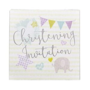 BGC Studios Christening Day invitation card with pastel bunting, hearts and elephant design