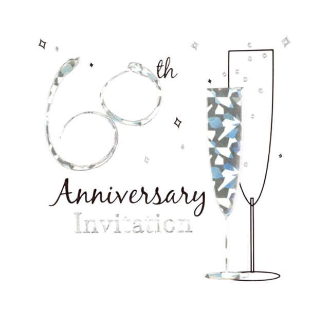 Simon Elvin 60th anniversary invitation card with silver text and champagne glasses design