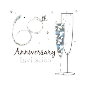 SIMON ELVIN 60TH ANNIVERSARY INVITATION Simon Elvin 60th anniversary invitation card with silver text and champagne glasses design