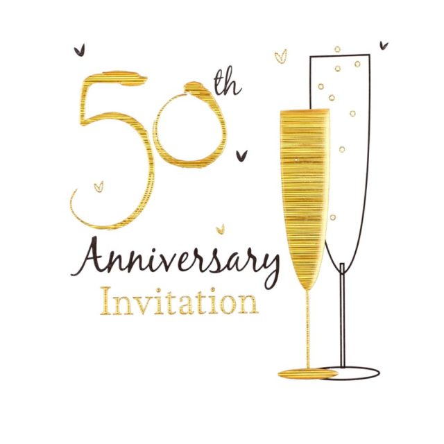SIMON ELVIN 50TH ANNIVERSARY INVITATION Simon Elvin 50th anniversary invitation card with gold champagne glasses design