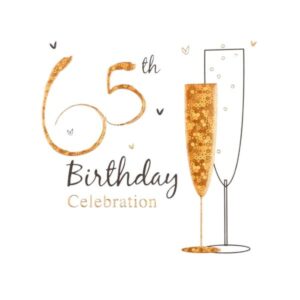 Simon Elvin 65th birthday invitation card featuring champagne glasses and celebration text