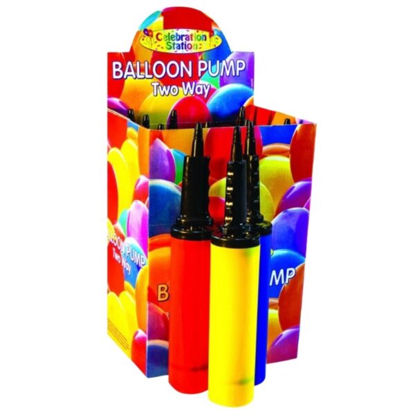 Two-Way Balloon Pump Set of colourful two way balloon pumps including red, yellow and blue with black nozzles