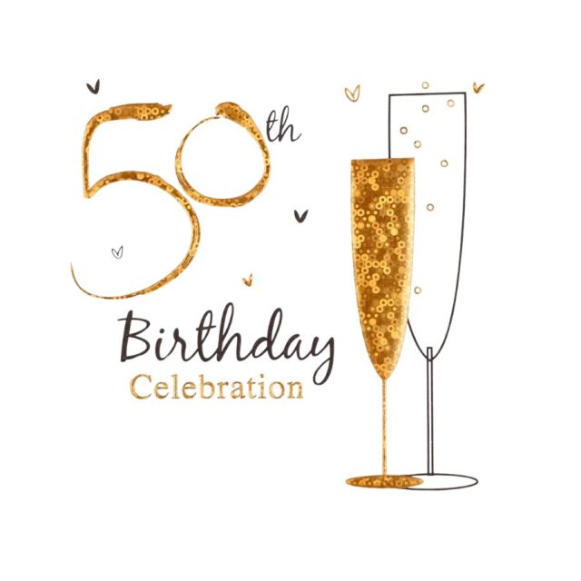 SIMON ELVIN 50TH BIRTHDAY INVITATION Simon Elvin 50th birthday invitation card with gold glitter '50th Birthday Celebration' text and champagne flutes design