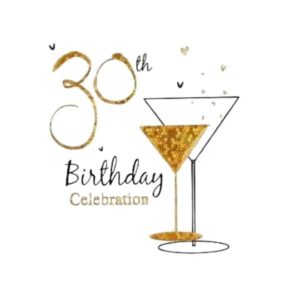 Simon Elvin 30th Birthday invitation card featuring golden cocktail glasses and celebration text