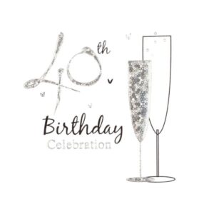 Simon Elvin 40th birthday invitation card with silver sequin design and champagne glasses