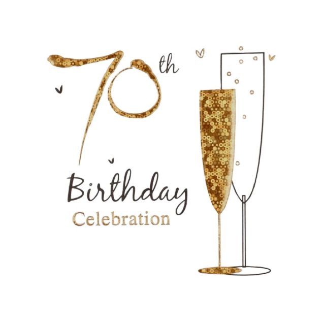 70th Birthday Celebration card design with gold glitter effect and champagne glasses