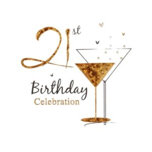 Simon Elvin 21st birthday invitation card with gold cocktail glass design