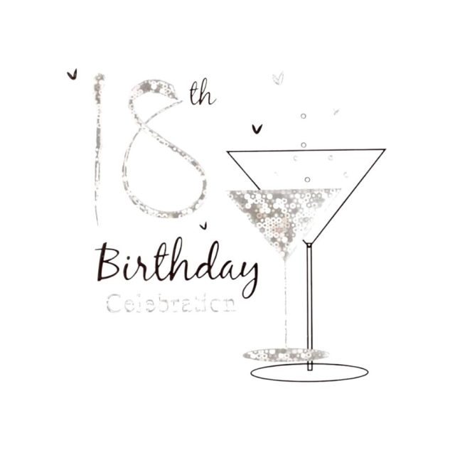 Simon Elvin 18th birthday invitation card featuring 18th and martini glass design