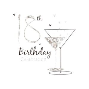 Simon Elvin 18th birthday invitation card featuring 18th and martini glass design