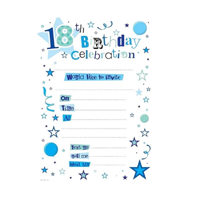 Simon Elvin 18th birthday party invitation with blue stars and balloons