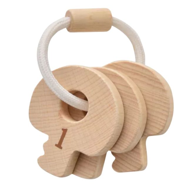 Wooden Keys Bambino Toy Set of three numbered wooden keys attached to a fabric rope ring