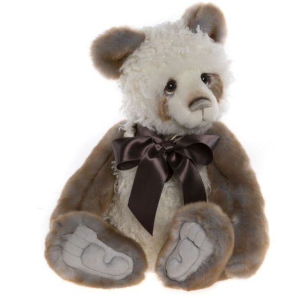 Charlie Bear Terence Fully jointed Charlie Bears Terence plush panda with mixed-texture brown and white fur and brown bow