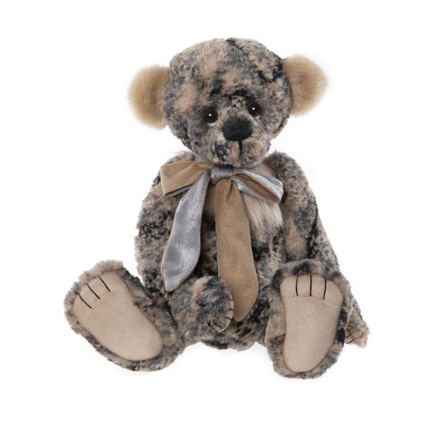 Charlie Bears JD plush bear with brown and grey mottled fur sitting upright