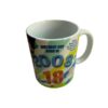 Close-up of white ceramic mug with 2008 and 18th birthday flashback design on one side