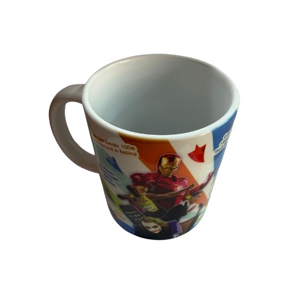 White ceramic mug showing characters from 2008 flashback design including Iron Man and other illustrations