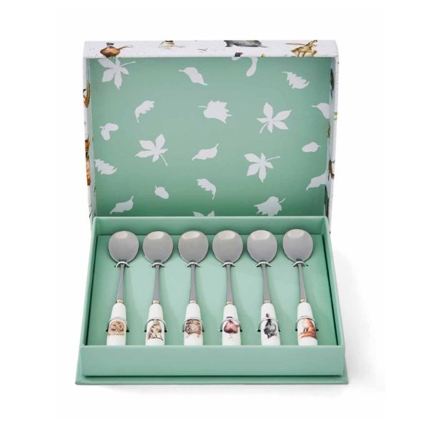 Tea spoons neatly arranged in a decorative gift box with a green interior and animal pattern on the lid