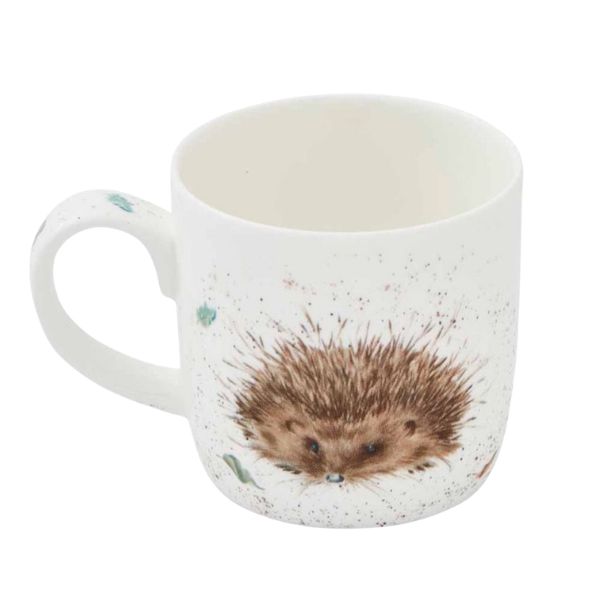 'Awakening' hedgehog mug Wrendale mug showing a different hedgehog illustration on white fine bone china background