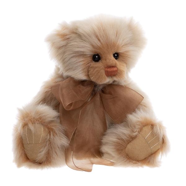 Charlie Bears Monday plush teddy bear with soft brown and cream fur and large brown organza bow