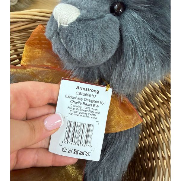 Charlie Bears Armstrong CB256061O Close-up of Charlie Bears Armstrong tag held by hand detailing product and care information