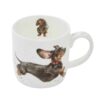 Wrendale mug with illustrated dachshund running and a smaller dachshund on the inner rim