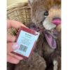 Close-up of Charlie Bears Mr Brown tag held near plush bear with burgundy bow