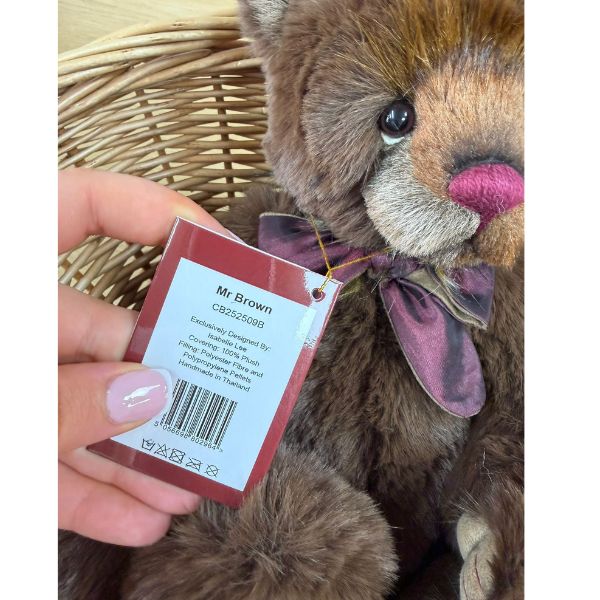 Close-up of Charlie Bears Mr Brown tag held near plush bear with burgundy bow