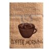 Close-up of embroidered steaming coffee cup on beige Riggs tea towel