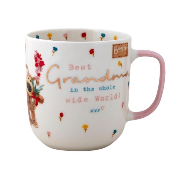 Boofle ceramic mug with pink handle featuring best Grandma message and small flower design