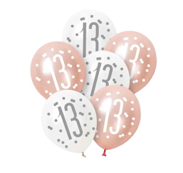 Rose Gold Glitz Platinum & Pearl 13th Birthday Latex Balloons 30cm / 12 In - Pack Of 6