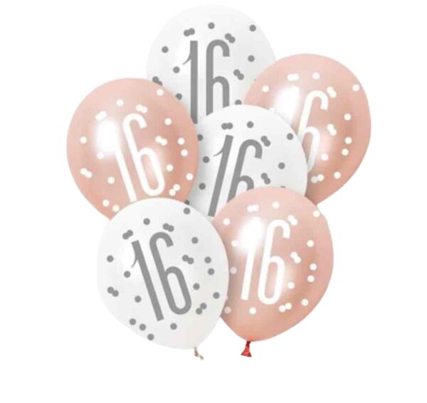 Rose Gold Glitz Platinum & Pearl 16th Birthday Latex Balloons 30cm / 12 In - Pack Of 6