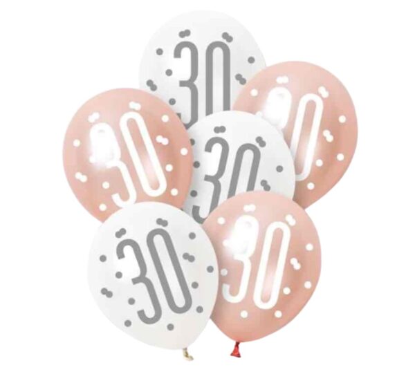 Rose Gold Glitz Platinum & Pearl 30th Birthday Latex Balloons 30cm / 12 In - Pack Of 6