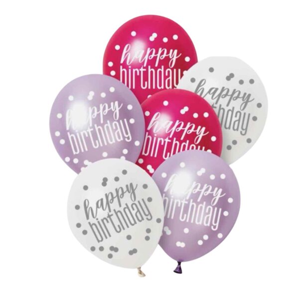 Unique Party Pink Lilac White Latex Happy Birthday Balloons 30cm / 12 In - Pack Of 6 Unique Party Pink Lilac White Latex Happy Birthday Balloons 30cm / 12 In - Pack Of 6