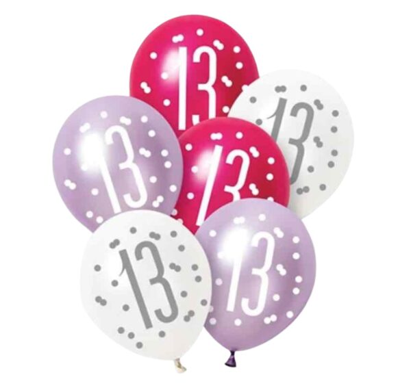 Unique Party Pink Lilac White Latex 13th Birthday Balloons 30cm / 12 In - Pack Of 6 Unique Party Pink Lilac White Latex 13th Birthday Balloons 30cm / 12 In - Pack Of 6