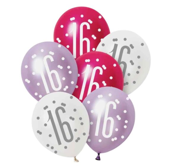 Unique Party Pink Lilac White Latex 16th Birthday Balloons 30cm / 12 In - Pack Of 6