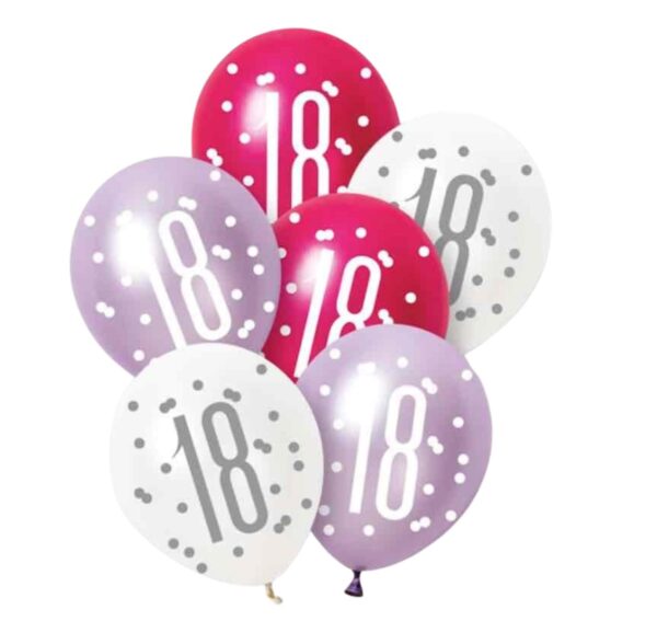 Unique Party Pink Lilac White Latex 18th Birthday Balloons 30cm / 12 In - Pack Of 6