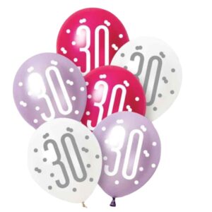 Unique Party Pink Lilac White Latex 30th Birthday Balloons 30cm / 12 In - Pack Of 6 Unique Party Pink Lilac White Latex 30th Birthday Balloons 30cm / 12 In - Pack Of 6