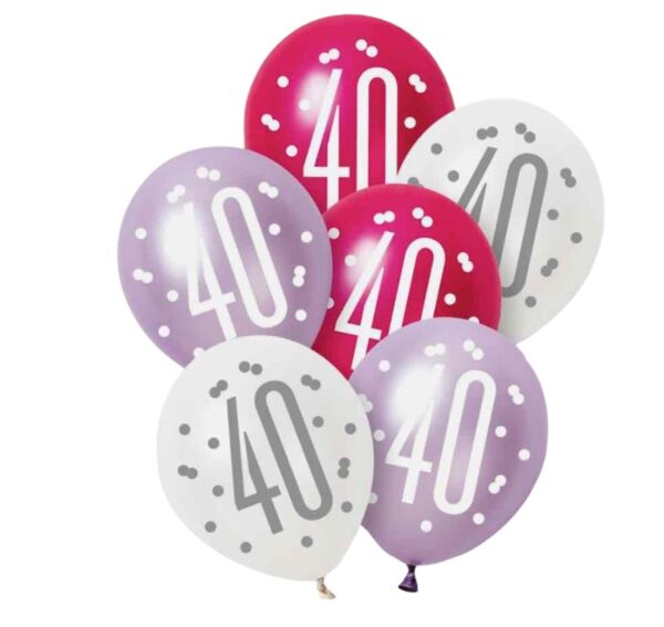 Unique Party Pink Lilac White Latex 40th Birthday Balloons 30cm / 12 In - Pack Of 6