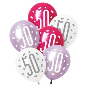 Unique Party Pink Lilac White Latex 50th Birthday Balloons 30cm / 12 In - Pack Of 6 Unique Party Pink Lilac White Latex 50th Birthday Balloons 30cm / 12 In - Pack Of 6
