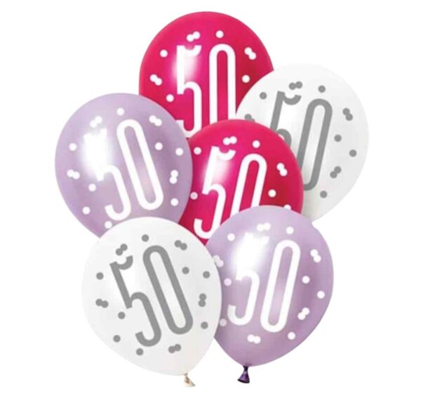 Unique Party Pink Lilac White Latex 50th Birthday Balloons 30cm / 12 In - Pack Of 6