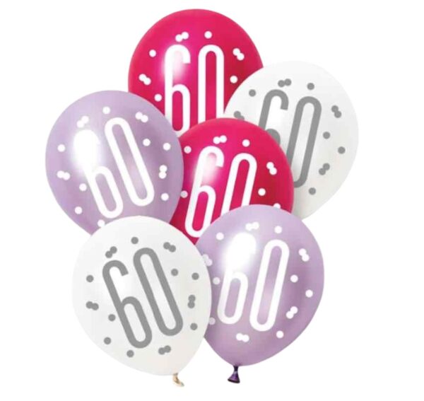 Unique Party Pink Lilac White Latex 60th Birthday Balloons 30cm / 12 In - Pack Of 6 Unique Party Pink Lilac White Latex 60th Birthday Balloons 30cm / 12 In - Pack Of 6