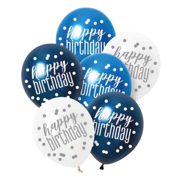 Unique Party Blue Glitz Pearlescent Happy Birthday Assorted Latex Balloons 30cm / 12 In – Pack of 6