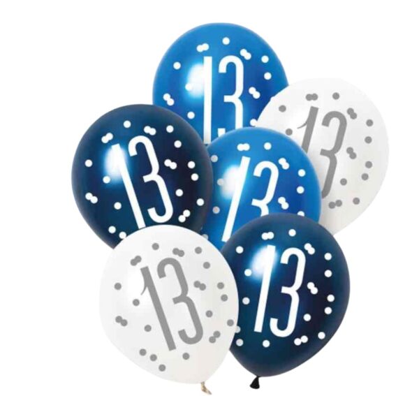 Unique Party Blue Glitz Pearlescent 13th Birthday Assorted Latex Balloons 30cm / 12 In – Pack of 6